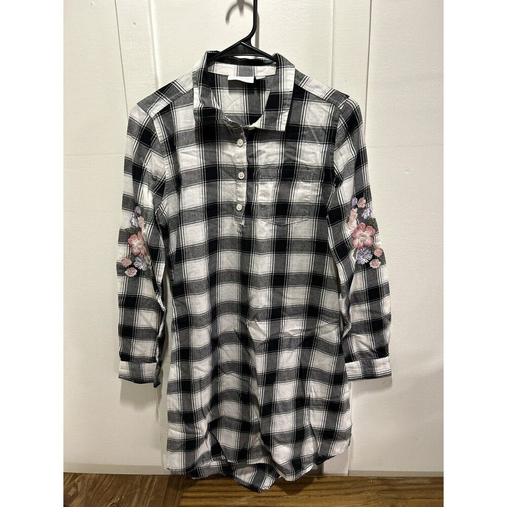 Children’s Place Girls Button Up Dress Plaid With Flower Embroidery XXL 16